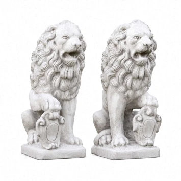 Grote leeuwen met schild - stenen dierenbeeld - set van 2