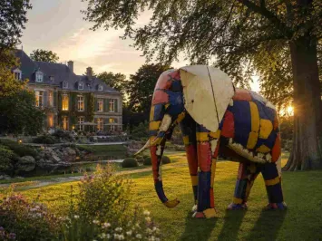 Groot tuinbeeld van een levensgrote olifant - metaal