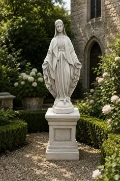 Groot tuinbeeld Maria op sokkel - wit / grijs steen - 175 cm