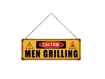 Wandbord - Caution Men Grilling - metaal