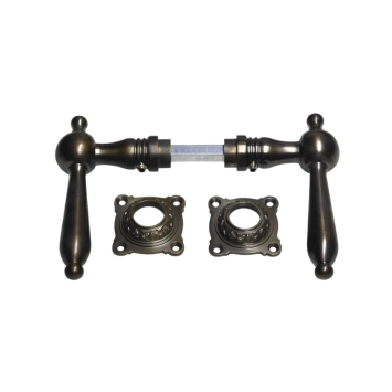 Deurklinken 'Revo' met rozetten – gepatineerd messing set