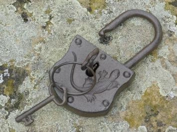 Mittelalterliches Vorhängeschloss mit Salamander - inkl. Schlüssel - Gusseisen