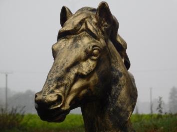 Tuinbeeld paard, paardenhoofd beeld groot, goud met zwart