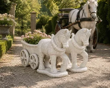 Tuinbeeld paard en wagen - tuinfiguur steen - 89 cm groot