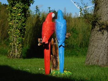 Beeld papegaaien op boomstronk, polystone, in kleur