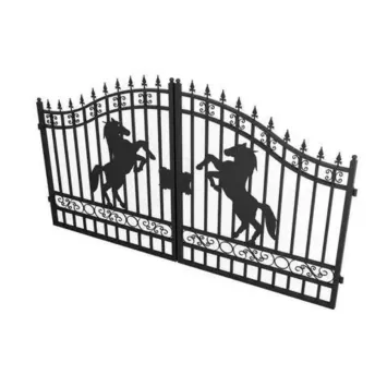 Portail en fer forgé noir avec cheval cabré – 596 cm de large