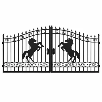 Zwart smeedijzeren poort met steigerend paard – 496 cm breed