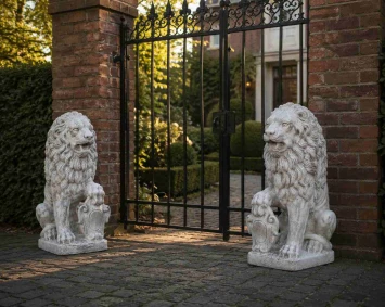 Grote leeuwen met schild - stenen dierenbeeld - set van 2