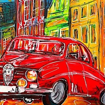 Saab rouge à Amsterdam - semi-abstrait - 60 x 80 cm