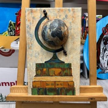 Globe sur livres - semi-abstrait - 50x30 cm - peinture