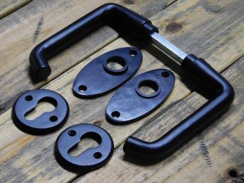 Set Türgriffe mit ovalen Rosetten + Schlüsselrosetten PC – Mattschwarz – Aluminium