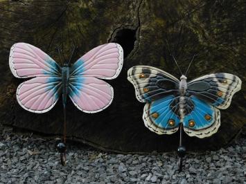 Set van 2: kapstok vlinders - blauw & roze - handgemaakt van metaal