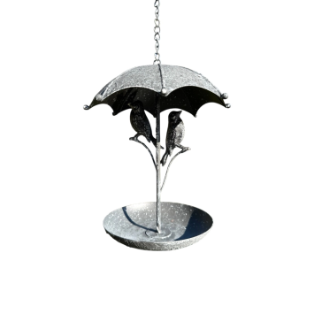 Elegantes Vogelbad mit Vögeln und Regenschirm – Metall