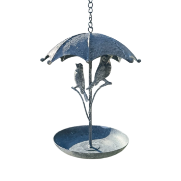 Elegantes Vogelbad mit Vögeln und Regenschirm – Metall