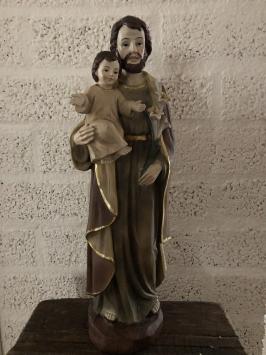 Schöne Statue von Joseph mit Jesus auf dem Arm, Polystone in Holzoptik