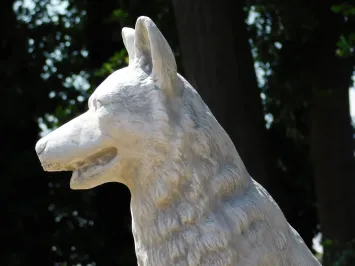 Grote zittende wolf van steen – krachtig en natuurgetrouw