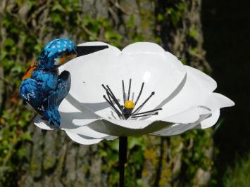 Piquet de jardin en métal – motif fleur blanche et martin-pêcheur – hauteur 70 cm