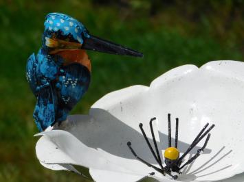 Gartenstecker weiße Blume mit Eisvogel – Metall – 70 cm hoch