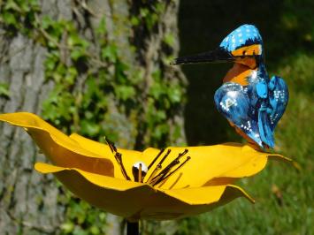 Gelber Blumenstecker mit Eisvogelmotiv – Metall – 70 cm