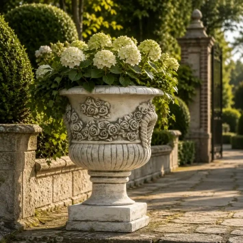 Bloempot met rozen – 50 cm – sierlijk reliëf – steen