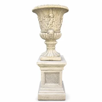 Bloempot met engelen op sokkel - 145 cm - steen - exclusief