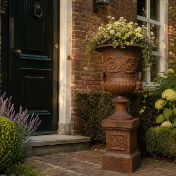 Grote gietijzeren tuinvaas op sokkel - rustieke bloempot set