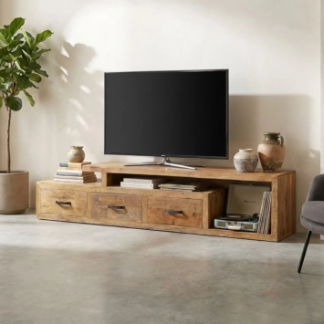 TV meubel van massief teakhout - 225 cm - solide kast met 3 lades