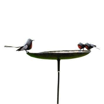 Vogelbad met roodborstjes - 2 om 1 - metalen tuinsteker