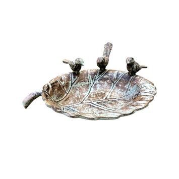 Gietijzeren vogelbad – bladvorm – groen/bruin – met 3 vogels