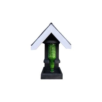Houten vogelvoederhuis met voedersilo, flesje met voer