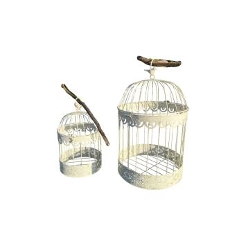 Vogelkooien set, kleine + grote ronde, metalen, wit