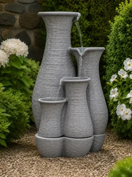 Wasserspeier mit 4 Krügen – Stein – Gartenbrunnen – 70 cm