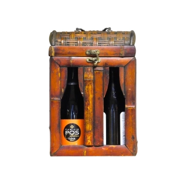 koloniaal houten kist voor 2 flessen wijn, rechtop, bamboe afwerking