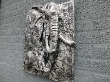 Wandteller mit 2 Elefanten in 3D - Silber/Schwarz - Polystone