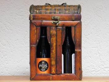 koloniaal houten kist voor 2 flessen wijn, rechtop, bamboe afwerking, zeer apart!