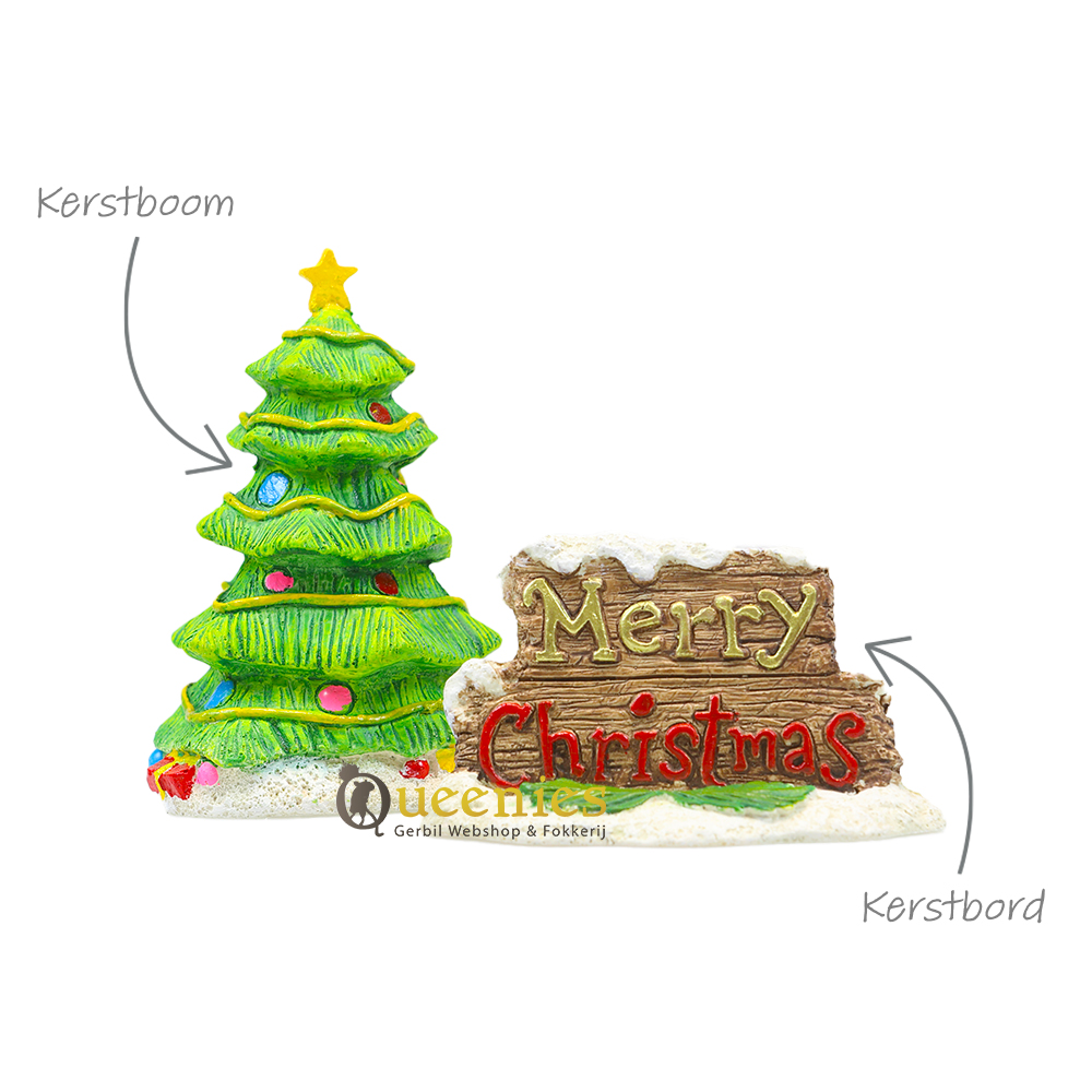 Kerstboom en Merry Christmas bord voor Hamsterscaping