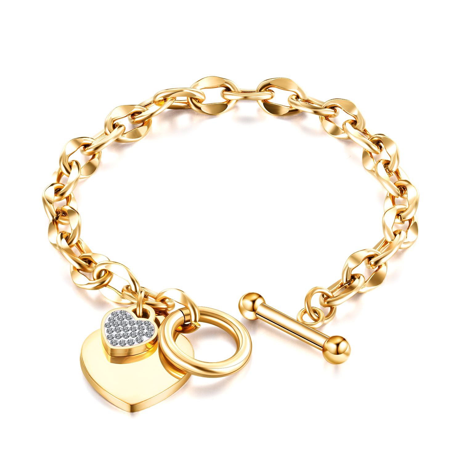 Gouden RVS armband met groot hart en klein hart met steentjes 