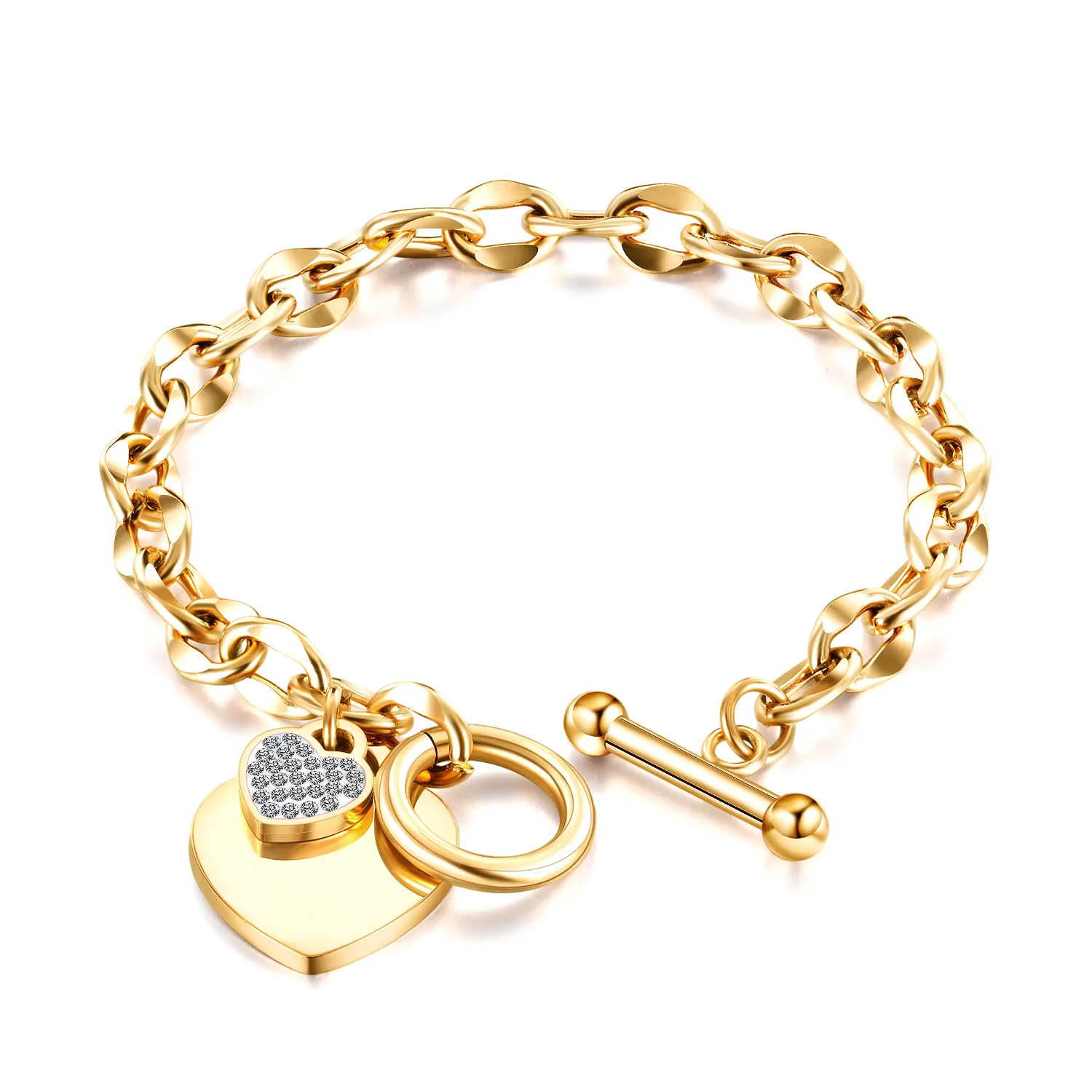 Voorwoord Passend abstract Gouden RVS armband met groot hart en klein hart met steentjes
