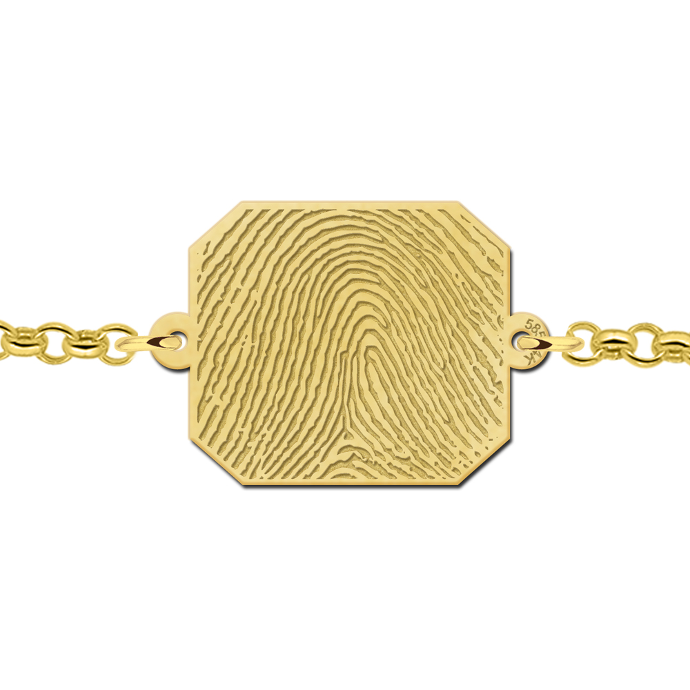 Gouden schakel armband met vingerafdruk op hoekige rechthoek