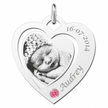 Zilveren hartjes hanger met foto en geboortesteen