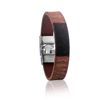 Smalle leren armband met vingerafdruk in leer met edelstalen T-sluiting, kleur 707 kastanje