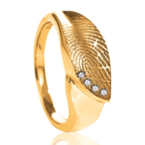Gouden ring met vingerafdruk in gebogen vlak met 4 stenen