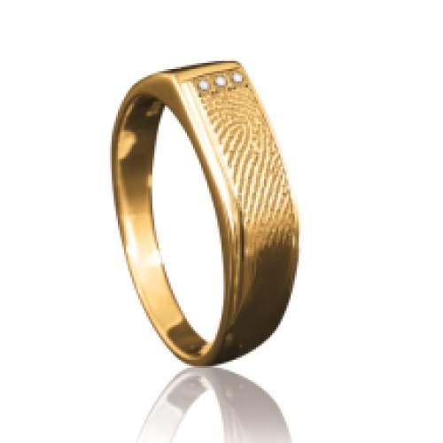 Gouden ring met vingerafdruk op gebogen vlak en 3 stenen