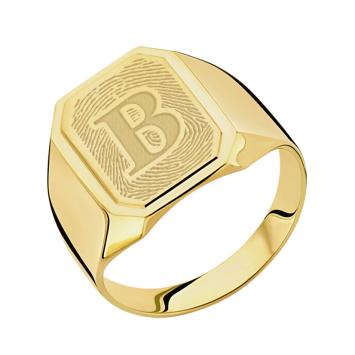 Rechthoekige gouden zegelring met verhoogde zegel en vingerafdruk Names4Ever