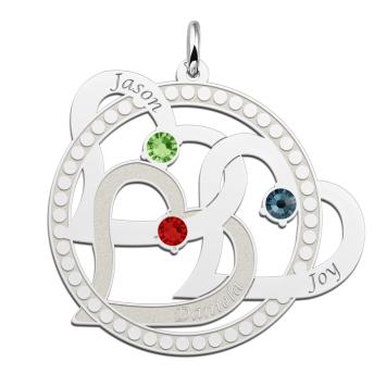 Zilveren hanger drie harten in cirkel met naam en geboortestenen Names4ever