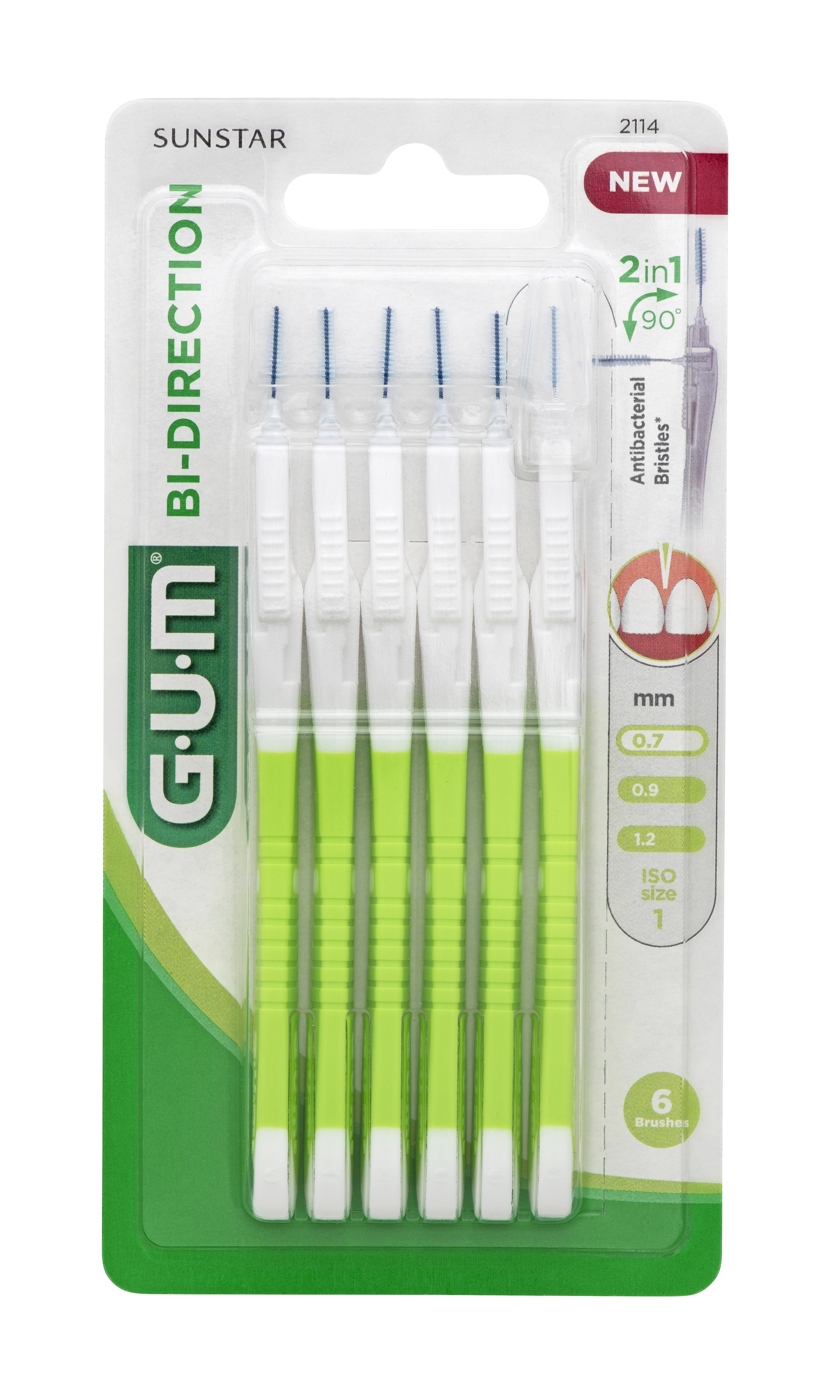 Gum brosses Bi-Direction 0,7 mm , vert - 6 brosses par blister