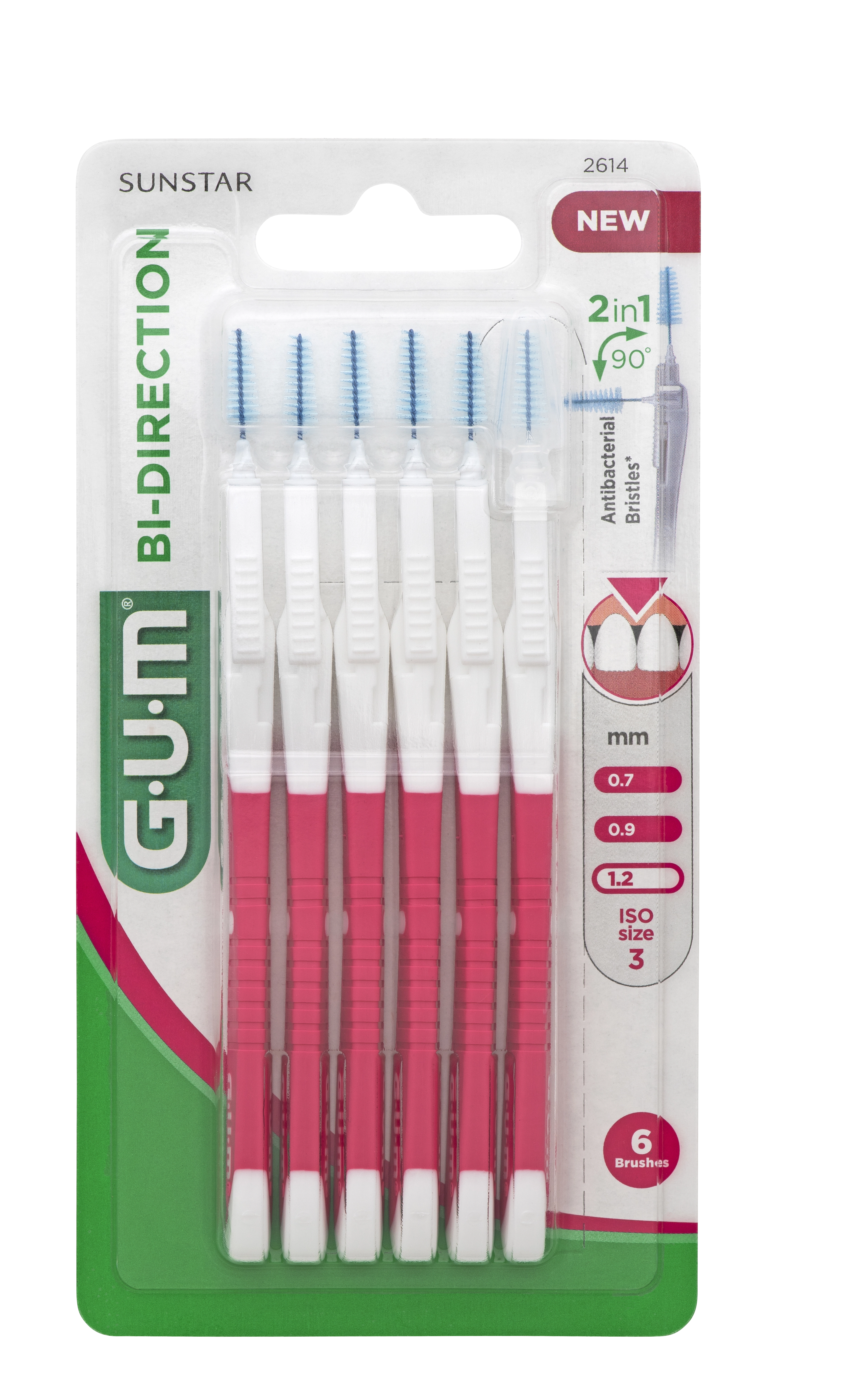 Gum Bi-Direction ragers 1,2 mm, roze - 6 ragers per blister