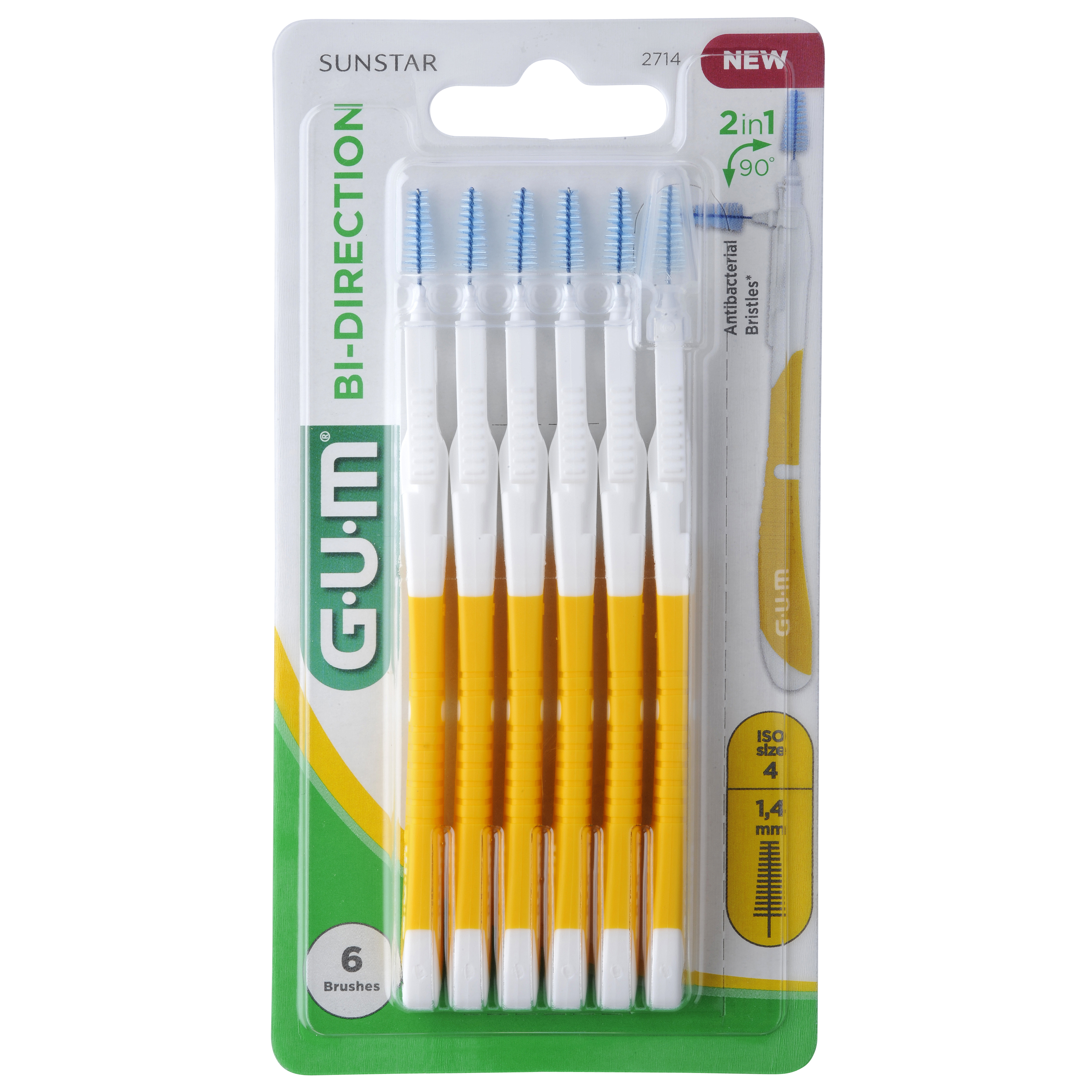 Gum brosses Bi-Direction 1.4 mm, jaune - 6 brosses par blister