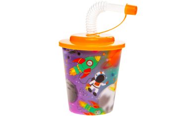 Trinkbecher 250ml Weltraum Explorer mit 3D-Effekt mit Strohhalm, Kappe und Deckel 24 Stück
