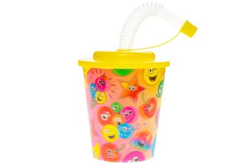 Trinkbecher 250ml Emojis mit 3D-Effekt mit Strohhalm, Kappe und Deckel 24 Stück